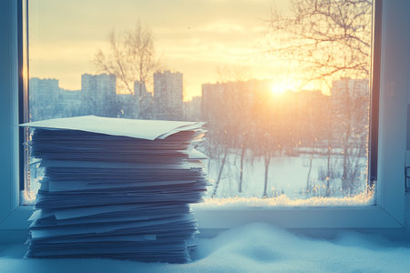 Documents on a windowsill during sunset a serene evening scene captured in soft lightの素材