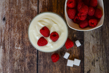 Greek yogurt with raspberries, healthy breakfastの写真素材