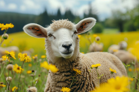 Peaceful landscape featuring a flock of sheep grazing in a vibrant green field under a clear skyの素材