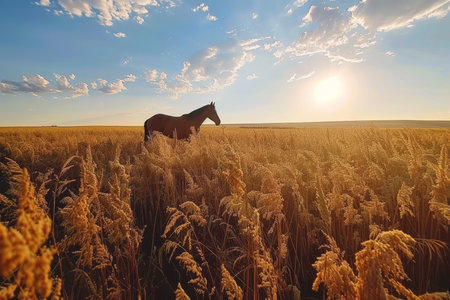 A majestic horse gracefully grazing in a lush green field beneath a bright blue skyの素材