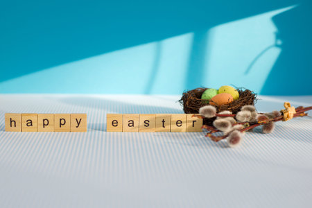 happy easter, eggs in the nest and willow, easter background. High quality photo