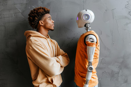 A humanoid robot and a man standing together side by side on a neutral gray backgroundの素材