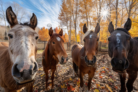 beautiful red horses in the meadow on a sunny bright dayの写真素材