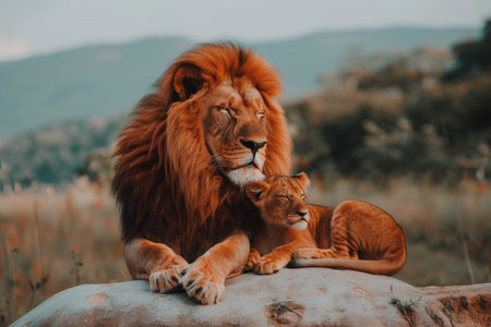 lion with a luxurious mane with his lioness on a light backgroundの素材