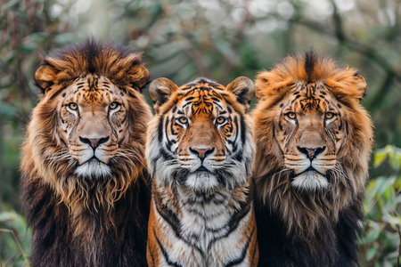 Close up of a tiger, lion, and jaguar against a light background showing their unique featuresの素材
