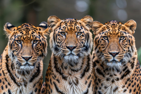 Close up of a tiger, lion, and jaguar against a light background showing their unique featuresの素材