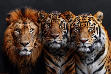 Close up of a tiger, lion, and jaguar against a light background showing their unique featuresの素材