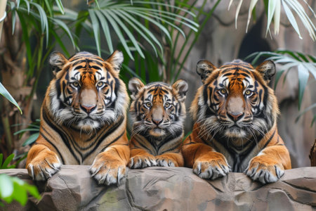 Big tiger with small tiger cubs, tiger family in nature.の素材