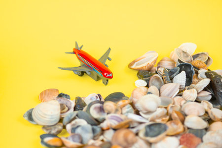 A vibrant and colorful toy airplane is displayed among various seashells on a bright, sunny yellow backdropの写真素材
