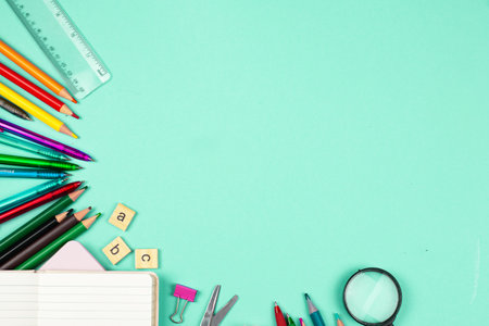 A vibrant and colorful arrangement of various stationery tools that are perfect for study and enhancing creativityの写真素材