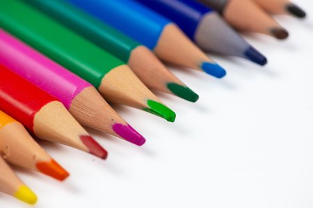 This collection features a vibrant array of colorful pencils ideal for artistic creativity and designの写真素材