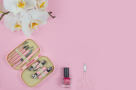 This is a stylish and elegant Nail Care Kit complete with beautiful floral accentsの写真素材