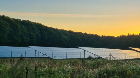 A stunning view of solar panels reflecting the sunsets warm light, surrounded by vibrant, lush...
