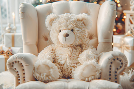 White teddy bear sitting in an armchair in a cozy room at Christmas near the Christmas tree. High quality photoの素材