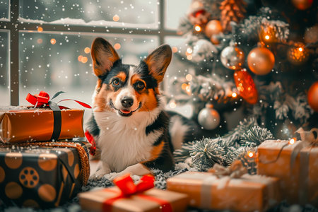 A cheerful dog relaxing under a festively decorated christmas tree with snowy winter view outsideの素材