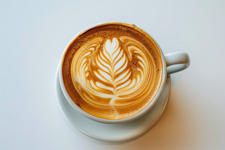 A top view of a beautifully crafted latte with intricate foam art, placed on a clean white background. . High quality photoの素材