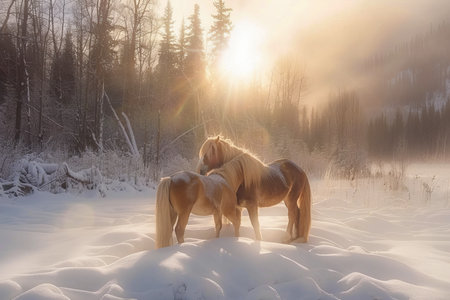 Two majestic horses peacefully grazing in a natural landscape on a sunny dayの素材