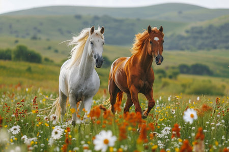 Two majestic horses peacefully grazing in a natural landscape on a sunny dayの素材
