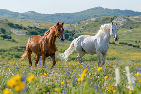 Two majestic horses peacefully grazing in a natural landscape on a sunny dayの素材