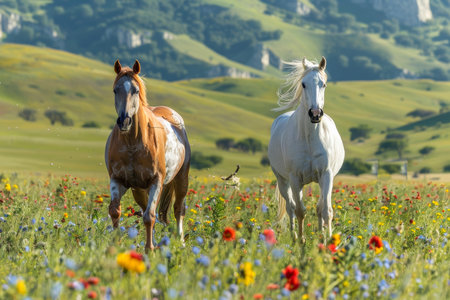 Two majestic horses peacefully grazing in a natural landscape on a sunny dayの素材