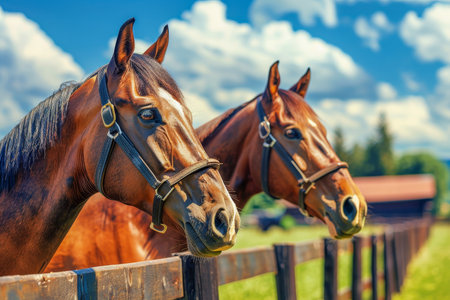 Two majestic horses peacefully grazing in a natural landscape on a sunny dayの素材