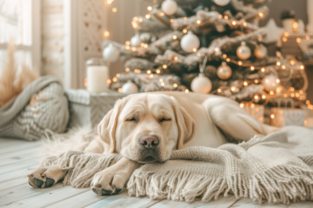 Cute light dog sleeping under a Christmas tree in a warm houseの素材