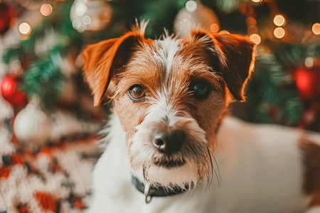 Happy New Year, Christmas, Jack Russell Terrier. holidays and celebration, pet in the room the Christmas treeの素材