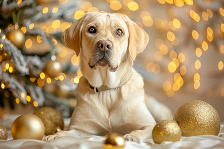 caramel dog posing in christmas settingの素材