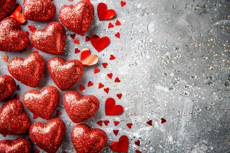 Red hearts on a gray background, the concept of Valentines Day. Background with space for textの素材