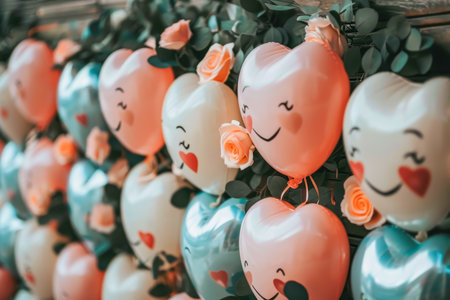 Charming valentine s day scene with playful heart characters surrounded by flowers and balloonsの素材