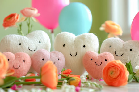 Whimsical valentine s day scene with playful heart characters surrounded by flowers and balloonsの素材