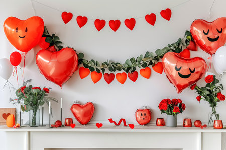 A playful valentine s day scene with adorable heart characters, flowers, balloons, and festive decorの素材