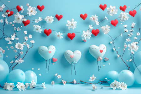 Charming valentine s day scene with playful heart characters amid flowers and festive decorationsの素材