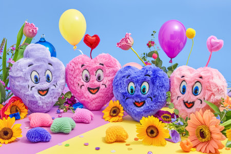 Charming valentine s day scene with adorable heart characters, flowers, balloons, and festive decorの素材