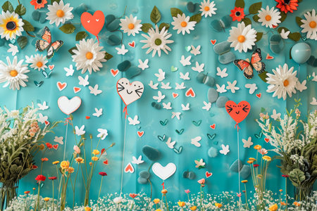 A whimsical valentine s day scene with playful heart characters surrounded by flowers and balloonsの素材