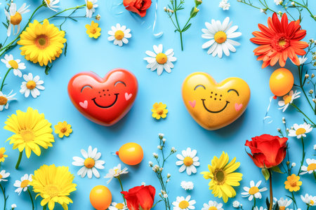 Whimsical valentine s day scene with playful heart characters, flowers, and festive decorの素材