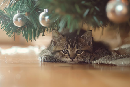 Adorable cat nestled under a christmas tree adorned with ornaments in a bright roomの写真素材