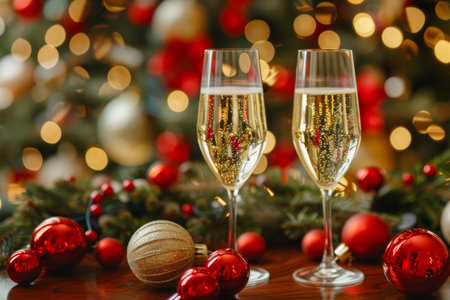 two glasses of champagne on wooden table surrounded by christmas decor and lightsの写真素材
