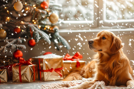 dog relaxing beneath a festively decorated christmas tree with presents and snowy viewの写真素材