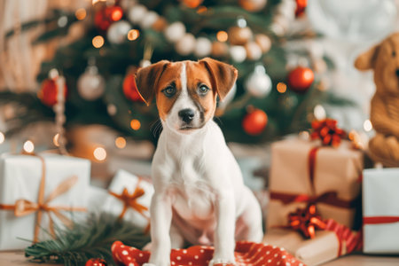A playful dog relaxing beneath a beautifully decorated christmas tree in a cozy roomの写真素材
