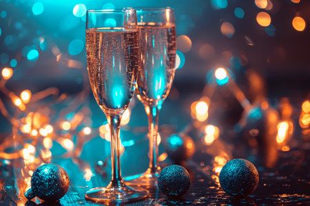 two glasses of champagne on wooden table surrounded by christmas decor and lightsの写真素材