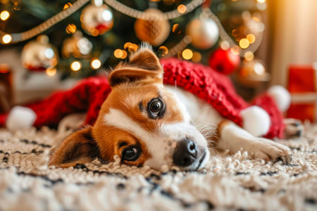 A playful dog relaxing beneath a beautifully decorated christmas tree in a cozy roomの写真素材