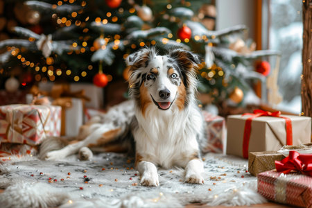 dog relaxing beneath a festively decorated christmas tree with presents and snowy viewの写真素材