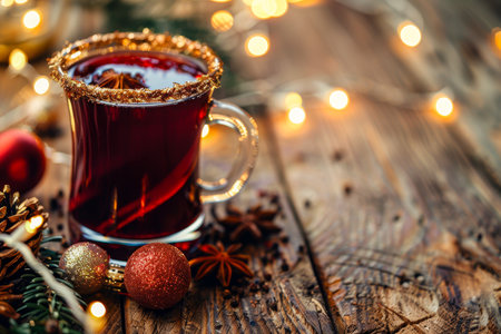 hot mulled wine with Christmas decorations creating a festive and warm ambiance on a tableの写真素材