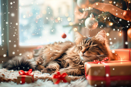 Adorable cat nestled under a christmas tree adorned with ornaments in a bright roomの写真素材