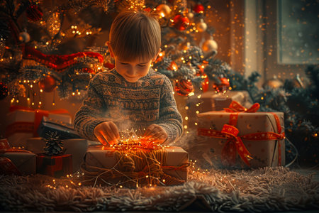Joyful child opening gifts under sparkling christmas tree with festive atmosphereの素材