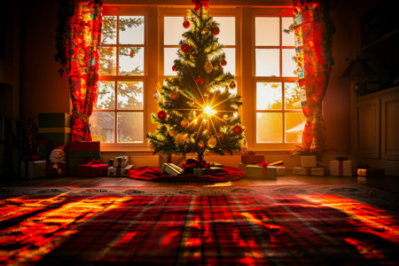 Festive christmas tree adorned with toys and giftsの写真素材