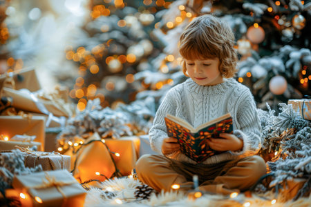 Joyful child opening gifts under sparkling christmas tree with festive atmosphereの素材