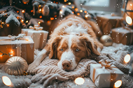 dog relaxing beneath a festively decorated christmas tree with presents and snowy viewの写真素材