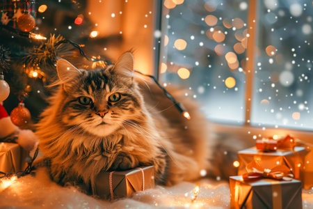 Adorable cat nestled under a christmas tree adorned with ornaments in a bright roomの写真素材